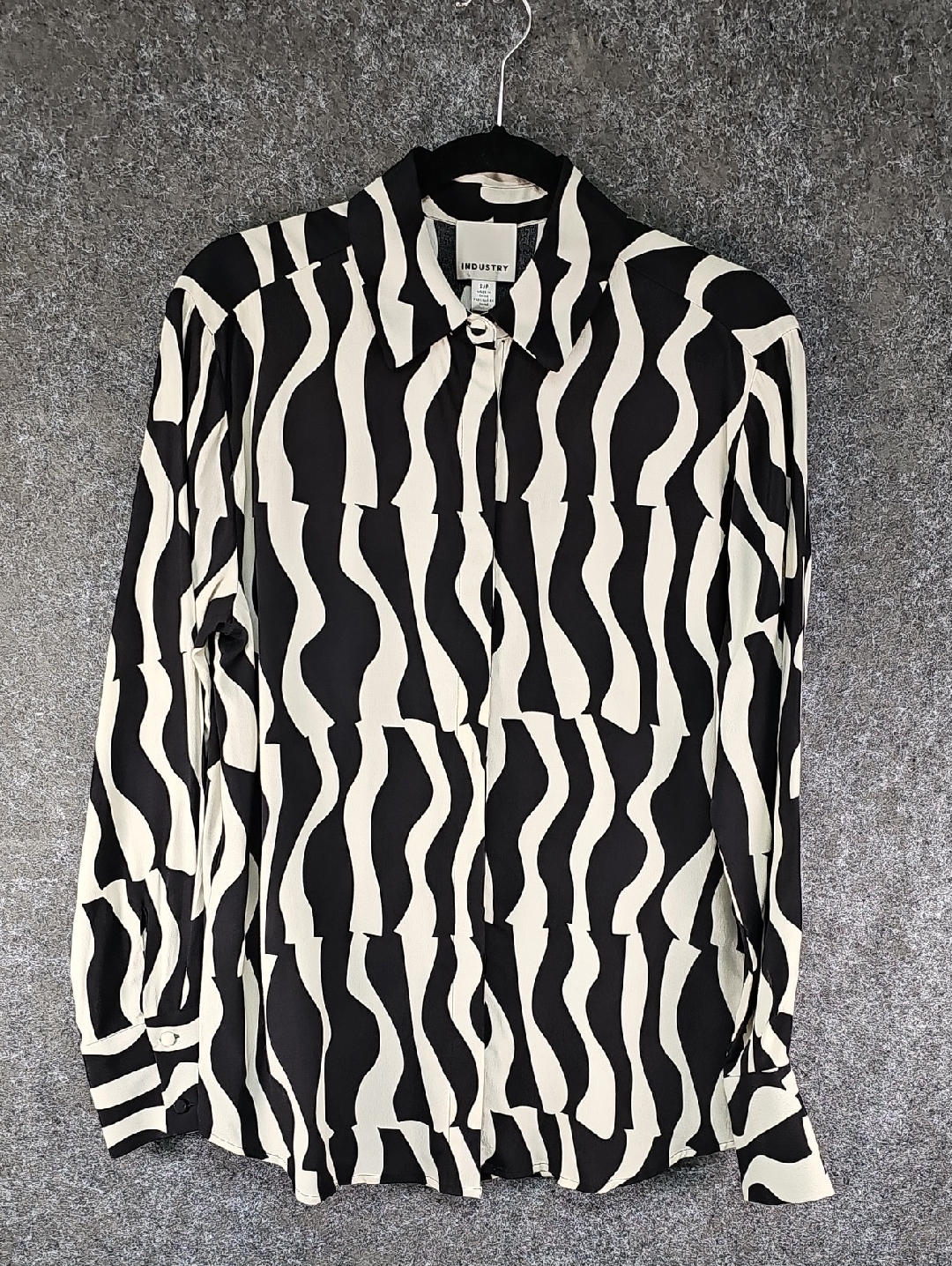 Industry Abstract Print Button Up, Cream Black, Size Small, New